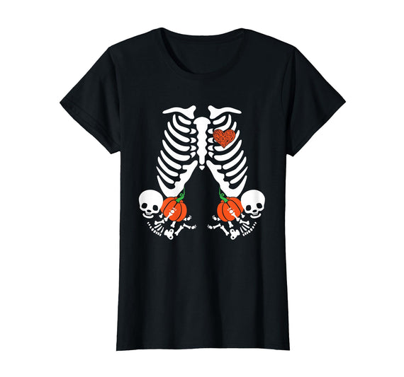 Funny Halloween Gym Workout Casual Gothic Gift Tee Pregnancy Announcement Skeleton Halloween Baby Pumpkin Twins T-Shirt -