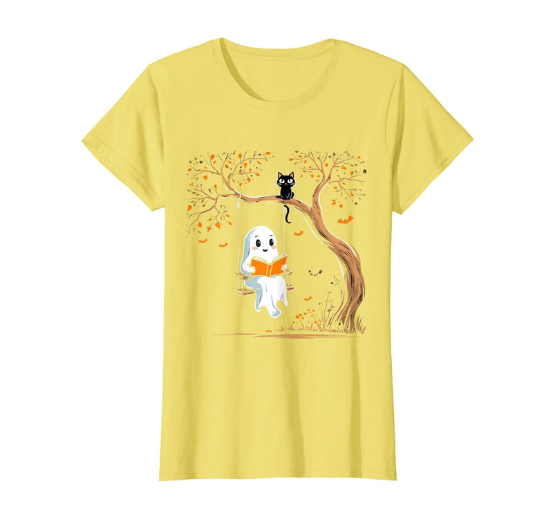 Halloween Ghost Swing Reading Vintage Ghost Swing Reading Book Swinging Halloween Costume T-Shirt - Lemon Yellow