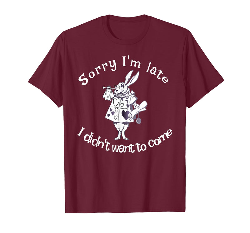 Sorry I'm Late, I Didn't Want to Come White Rabbit Watch T-Shirt in Burgundy