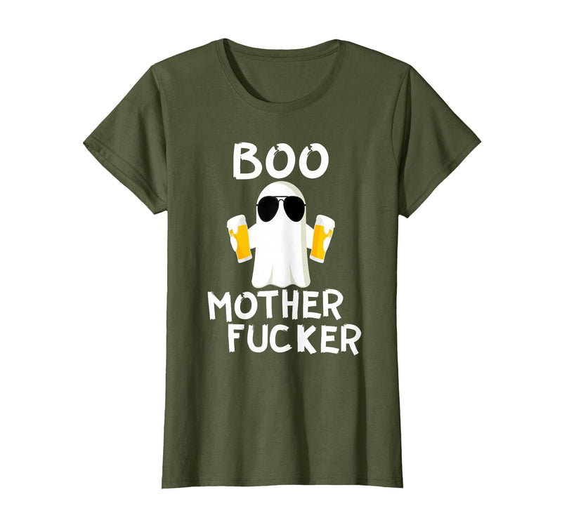Vulgar Halloween Tee Shop Boo Motherfucker Funny Beer Drinking Ghost Adult Halloween T-Shirt - Olive Green