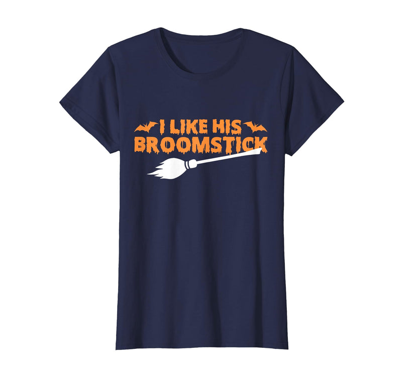 Funny Groovy Halloween Outfit I Like His Broomstick Halloween Funny Matching Couples T-Shirt - Navy Blue