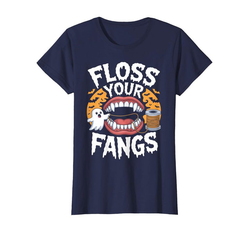 Spooky Dental Office Halloween Dental Crew Ghost Floss Your Fangs Dental Halloween Shirt Dentist Halloween T-Shirt - Navy