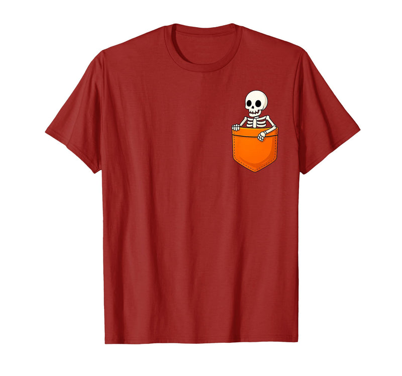 Halloween Spooky Funny Design Skeleton in Pocket Halloween Spooky Funny Skull Costume T-Shirt - Cranberry Red