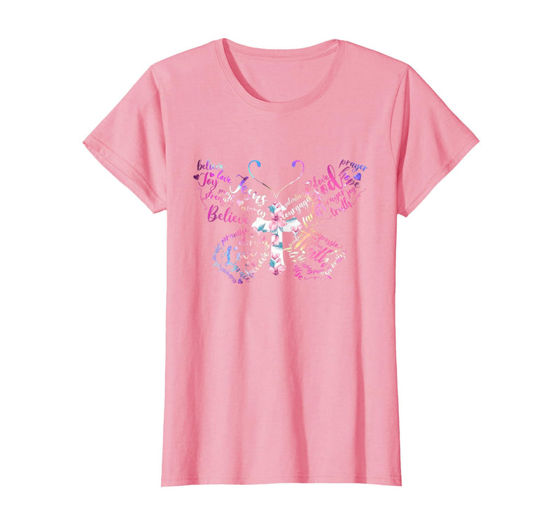 Butterfly Prayer Graphic Jesus Christian Cross Butterfly Prayer Jesus Christian Cross Floral Pattern T-Shirt - Pink