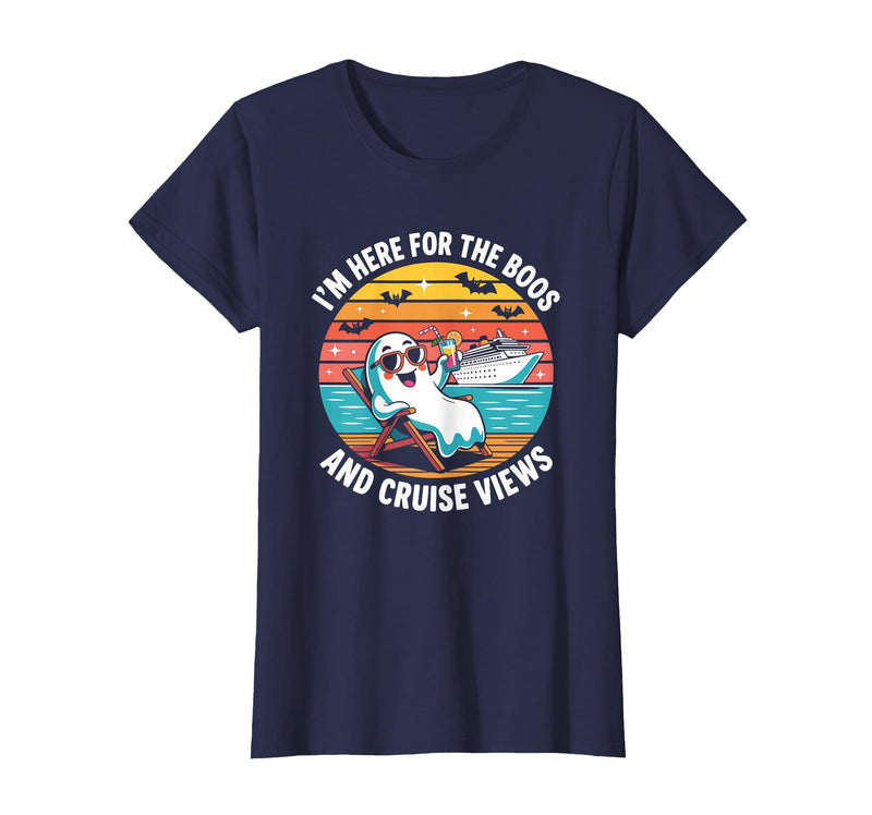 Boos Cruise Halloween Ghost Drinking Gifts Here for The Boos and Cruise Views Halloween Party T-Shirt - Navy Blue