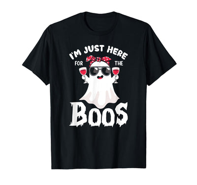 Addictive Designs Halloween Merch Funny Halloween, Just Here for the Boos, Ghost Drinking Wine T-Shirt