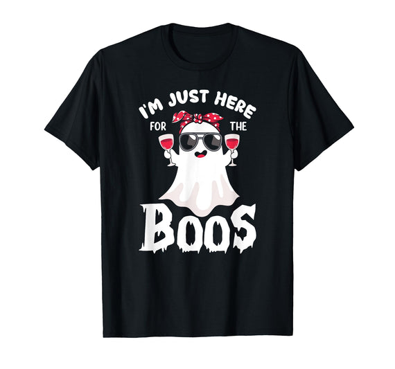 Addictive Designs Halloween Merch Funny Halloween, Just Here for the Boos, Ghost Drinking Wine T-Shirt - Black
