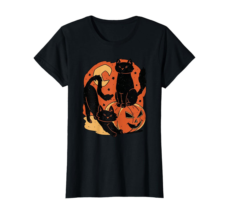 Halloween scary black cat Vintage Scary Halloween Black Cats and Pumpkin T-Shirt - Black