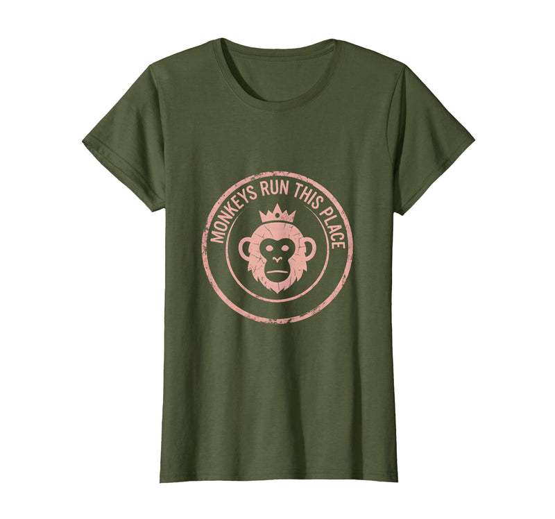 Mademark Monkeys Run This Place Funny Primate Design T-Shirt - Women - Olive Green