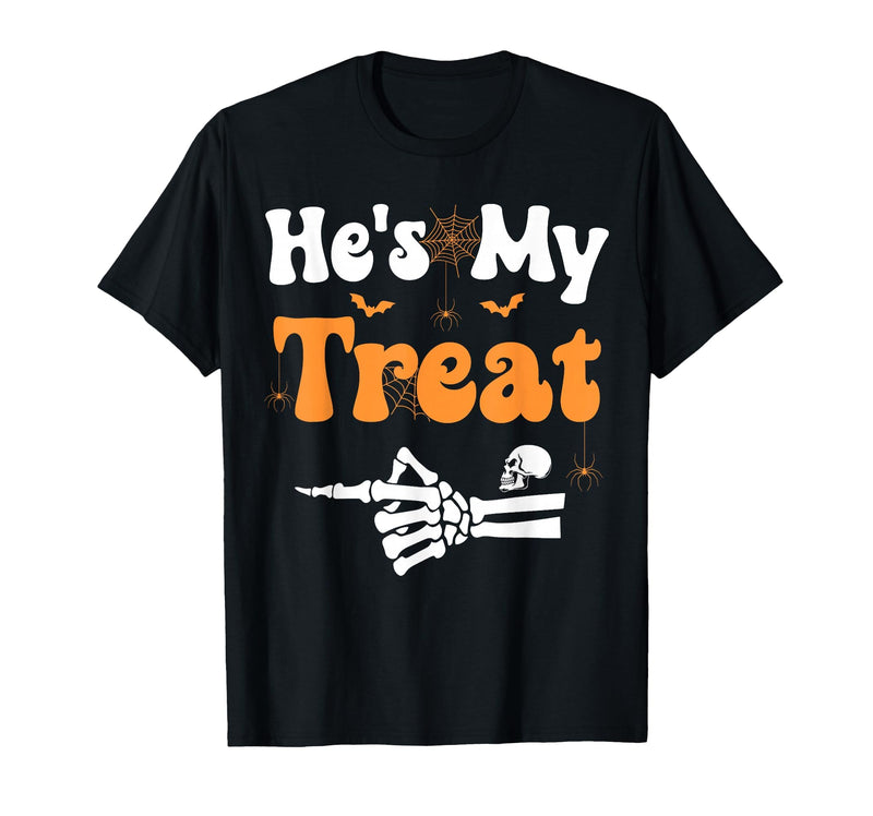 She's My Trick He's My Treat Halloween Couple Tees He's My Treat Skeleton Couples Matching Couple Halloween T-Shirt - Black