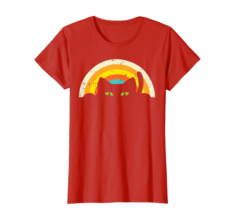 Cat Shirts For Women Men Girls Kids Kitten Gifts Peeping Black Cat Rainbow Vintage Halloween Men Women Kids T-Shirt - Red