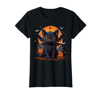 Spooky Black Cats Halloween Costume Shirts Cute Black Cat with Bat Wings Pumpkin Women Men Halloween T-Shirt