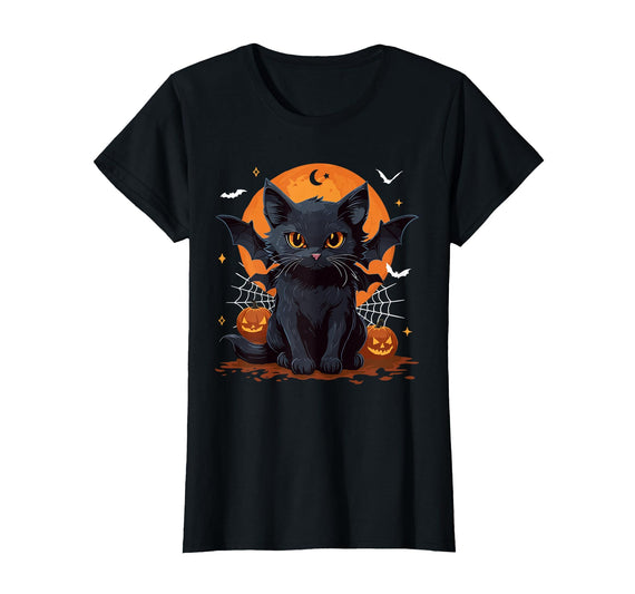 Spooky Black Cats Halloween Costume Shirts Cute Black Cat with Bat Wings Pumpkin Women Men Halloween T-Shirt - Black