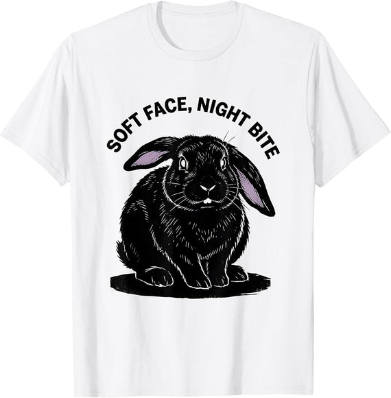 Men's Soft Face Night Bite Linocut Cute-Goth Bunny Rabbit Lover T-Shirt - White