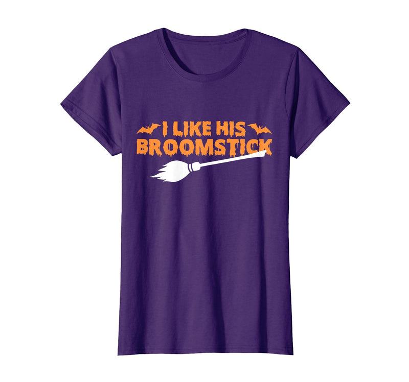 Funny Groovy Halloween Outfit I Like His Broomstick Halloween Funny Matching Couples T-Shirt - Purple