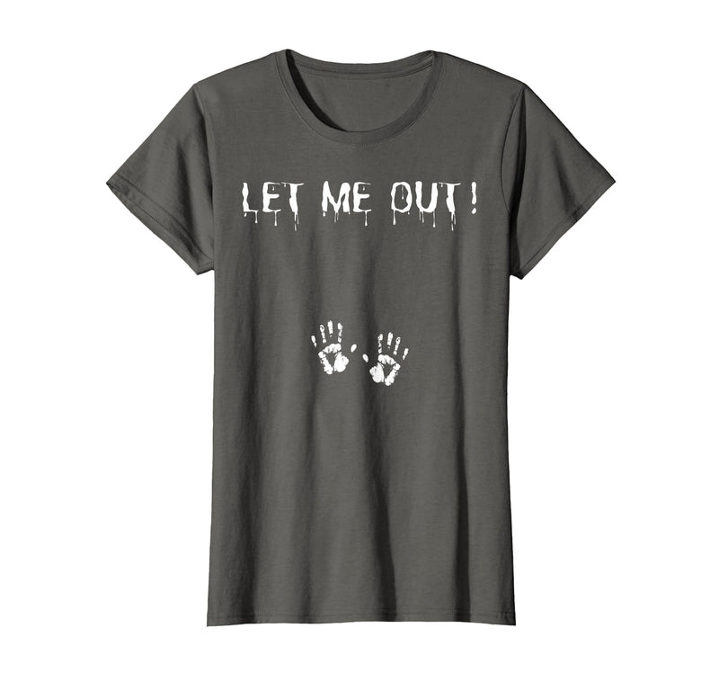 Spooky Halloween Costume Outfit Vintage Let Me Out Pregnancy Hand Print Pregnant Halloween T-Shirt - Asphalt Grey