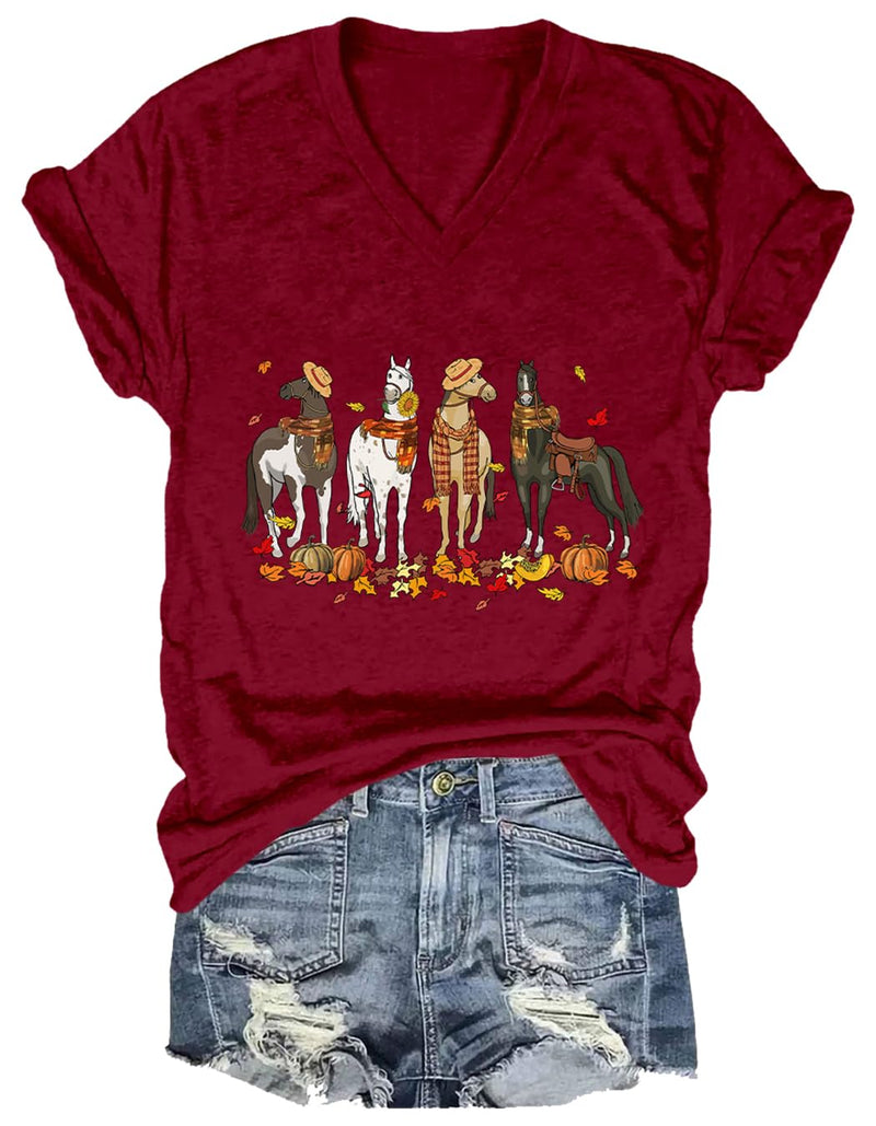 Niaday Fall Horse Shirt Men Women Graphic Short Sleeve T-Shirt Tee, Fall Season Horses Horse Lover Shirt - Claret1