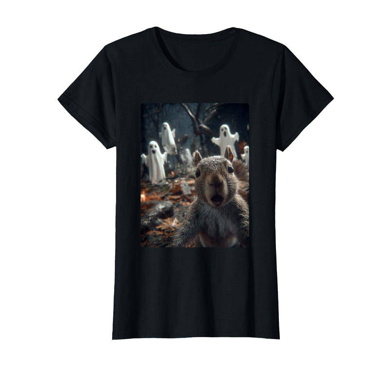 Funny Halloween Animals Selfies Clothing Funny Squirrel Selfie with Ghosts Haunted Forest Halloween T-Shirt - Black