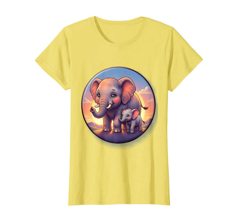 Mademark Elephant Mother and Calf Sunset Walk Design T-Shirt - Women - Lemon Yellow