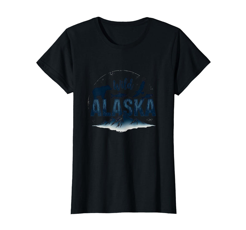 Mademark Wild Alaska Adventure: Bear, Fish, Eagle Mountain Scene T-Shirt - Black