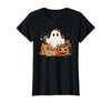 Ghost Halloween Flower Costume Floral Women Cute Ghost with Flower Halloween Pumpkin Autumn Women T-Shirt - Black
