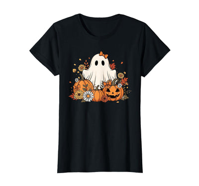 Ghost Halloween Flower Costume Floral Women Cute Ghost with Flower Halloween Pumpkin Autumn Women T-Shirt