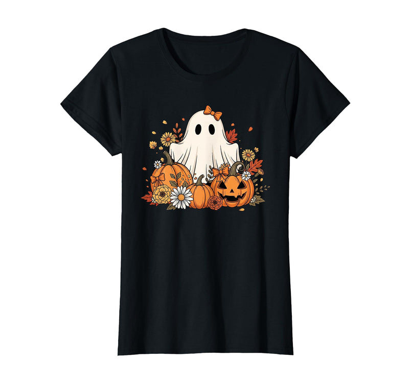 Ghost Halloween Flower Costume Floral Women Cute Ghost with Flower Halloween Pumpkin Autumn Women T-Shirt - Black