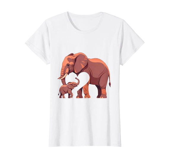 Mademark Elephant Mother and Calf Touching Trunks Design T-Shirt - Women - White