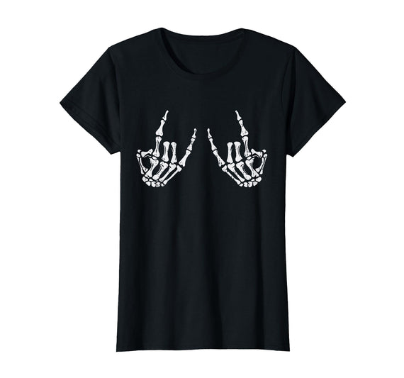 Halloween Tees for Women Men Kids Rocker Hand Sign Rock Skeleton Halloween Costume Men Women T-Shirt - Black