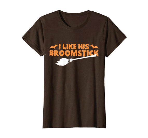 Funny Groovy Halloween Outfit I Like His Broomstick Halloween Funny Matching Couples T-Shirt - Brown