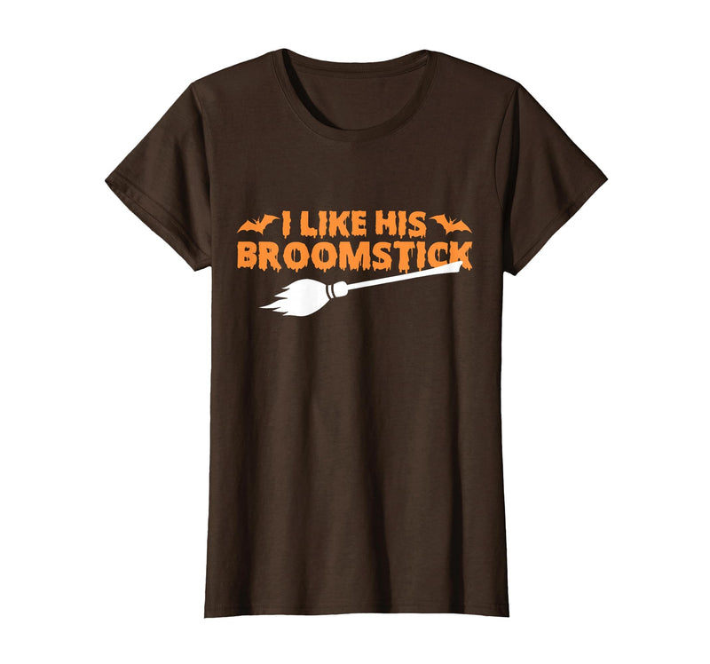 Funny Groovy Halloween Outfit I Like His Broomstick Halloween Funny Matching Couples T-Shirt - Brown