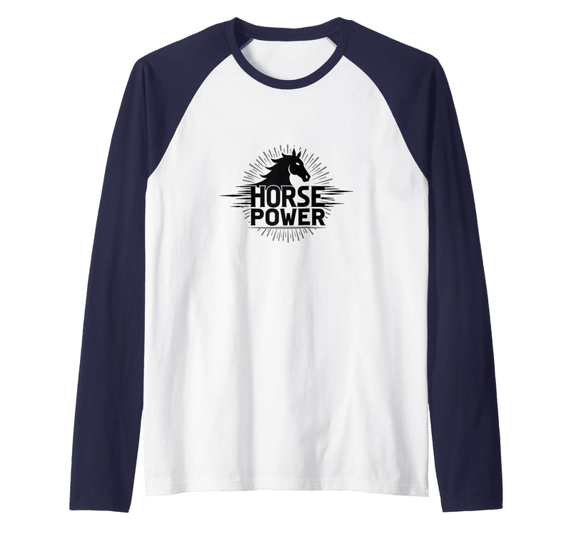 Mademark Horse Power - Equestrian Strength Graphic Art Raglan Baseball Tee - Navy Blue/White