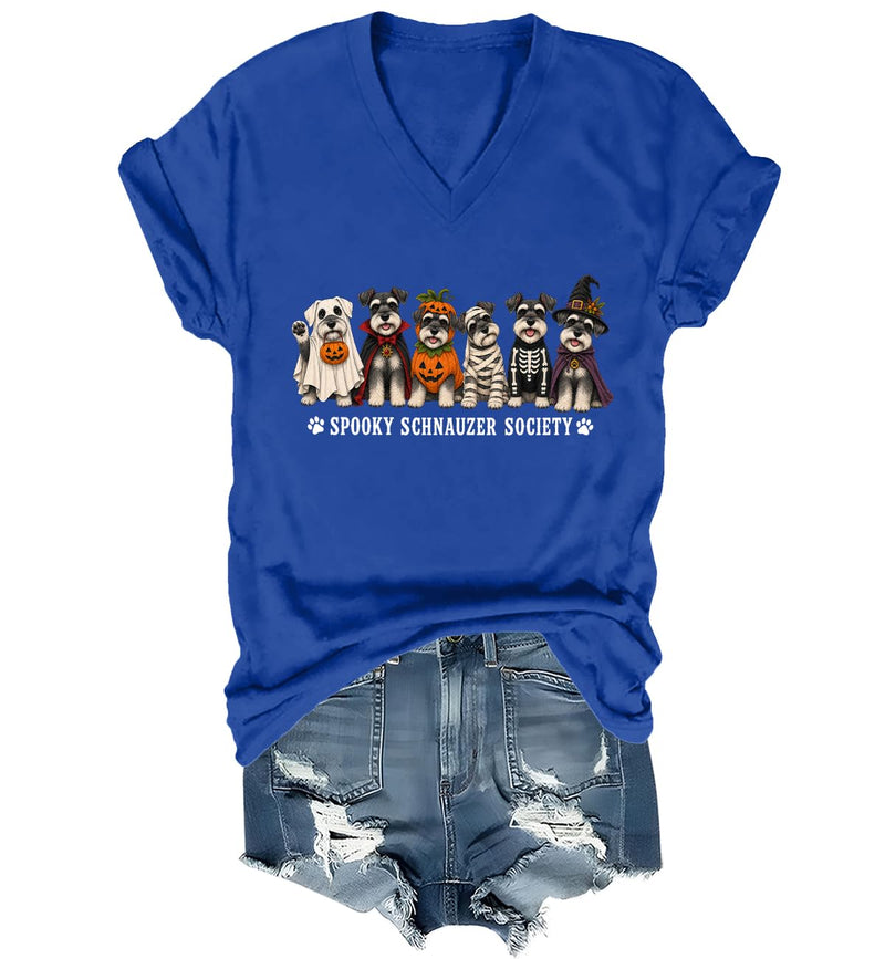 WQFQW Spooky Schnauzer Society Halloween Shirt Terrifying Halloween T-Shirt - Sapphire Blue-vneck