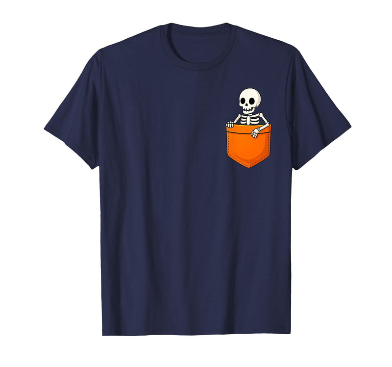 Halloween Spooky Funny Design Skeleton in Pocket Halloween Spooky Funny Skull Costume T-Shirt - Navy Blue