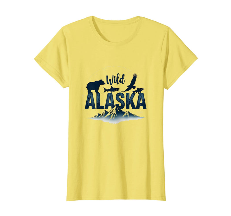 Mademark Wild Alaska Adventure: Bear, Fish, Eagle Mountain Scene T-Shirt - Lemon Yellow
