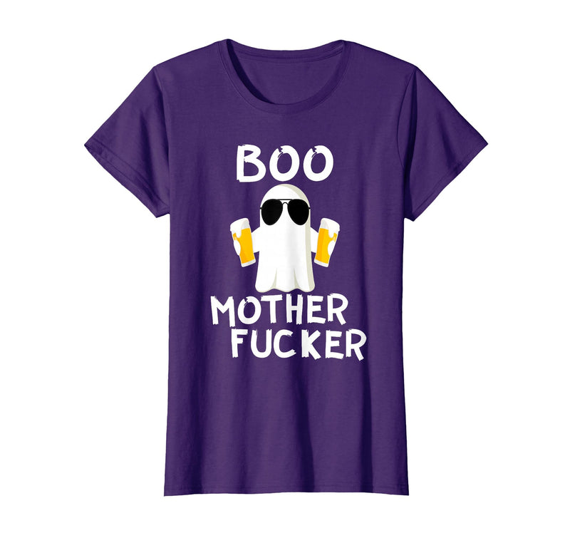 Vulgar Halloween Tee Shop Boo Motherfucker Funny Beer Drinking Ghost Adult Halloween T-Shirt - Purple
