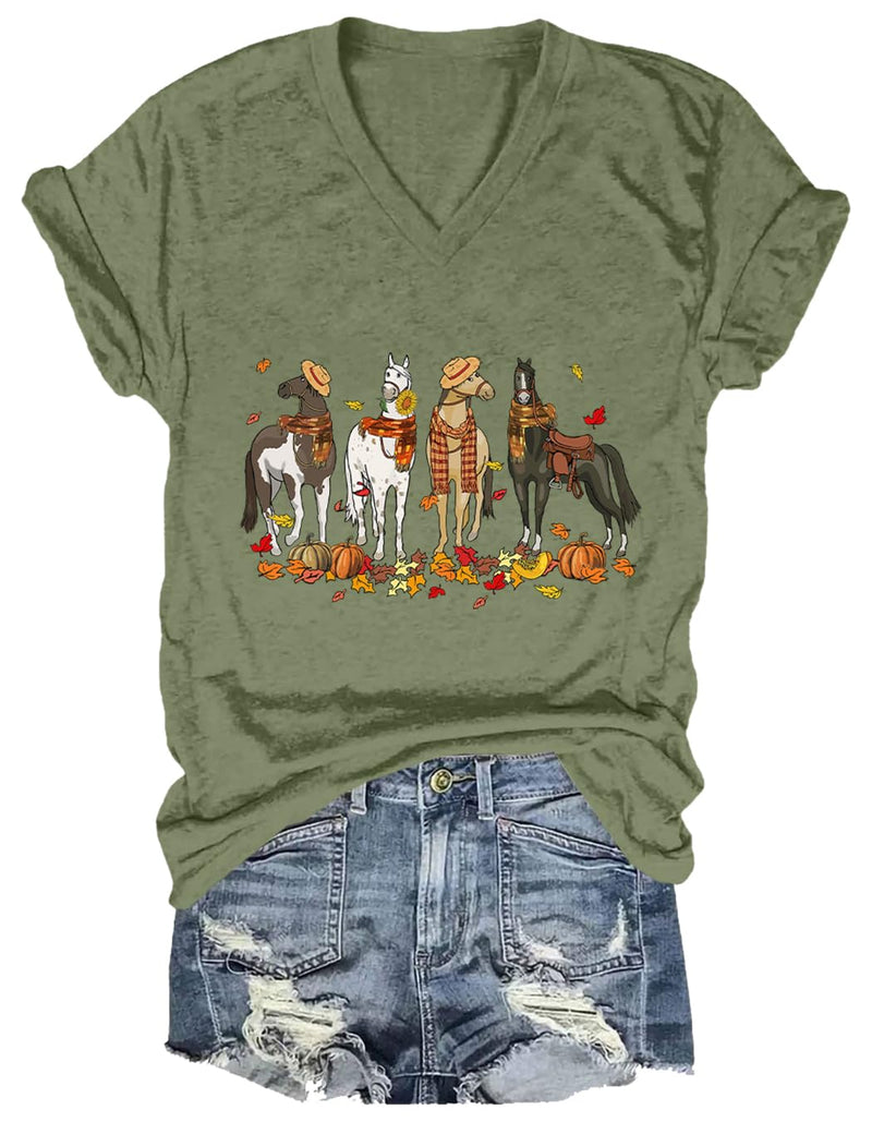 Niaday Fall Horse Shirt Men Women Graphic Short Sleeve T-Shirt Tee, Fall Season Horses Horse Lover Shirt - Green1
