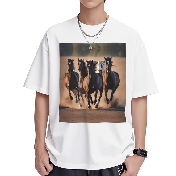 DRTGEDS Running Horses Printing Short Sleeve Cotton Lightweight Pullover Summer Casual Sweatshirts - White