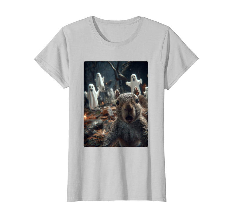 Funny Halloween Animals Selfies Clothing Funny Squirrel Selfie with Ghosts Haunted Forest Halloween T-Shirt - Silver Grey