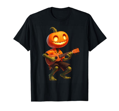 Funny Pumpkin Head Halloween Ukulele Tees Pumpkin Face Playing Ukulele Halloween Costume Men Boys Kids T-Shirt