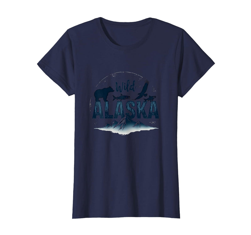 Mademark Wild Alaska Adventure: Bear, Fish, Eagle Mountain Scene T-Shirt - Navy Blue