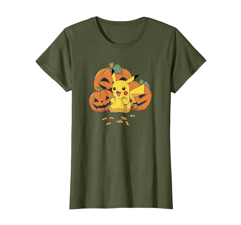 Pokémon Halloween Pikachu Cute Pumpkin Candy Corn T-Shirt - Olive Green