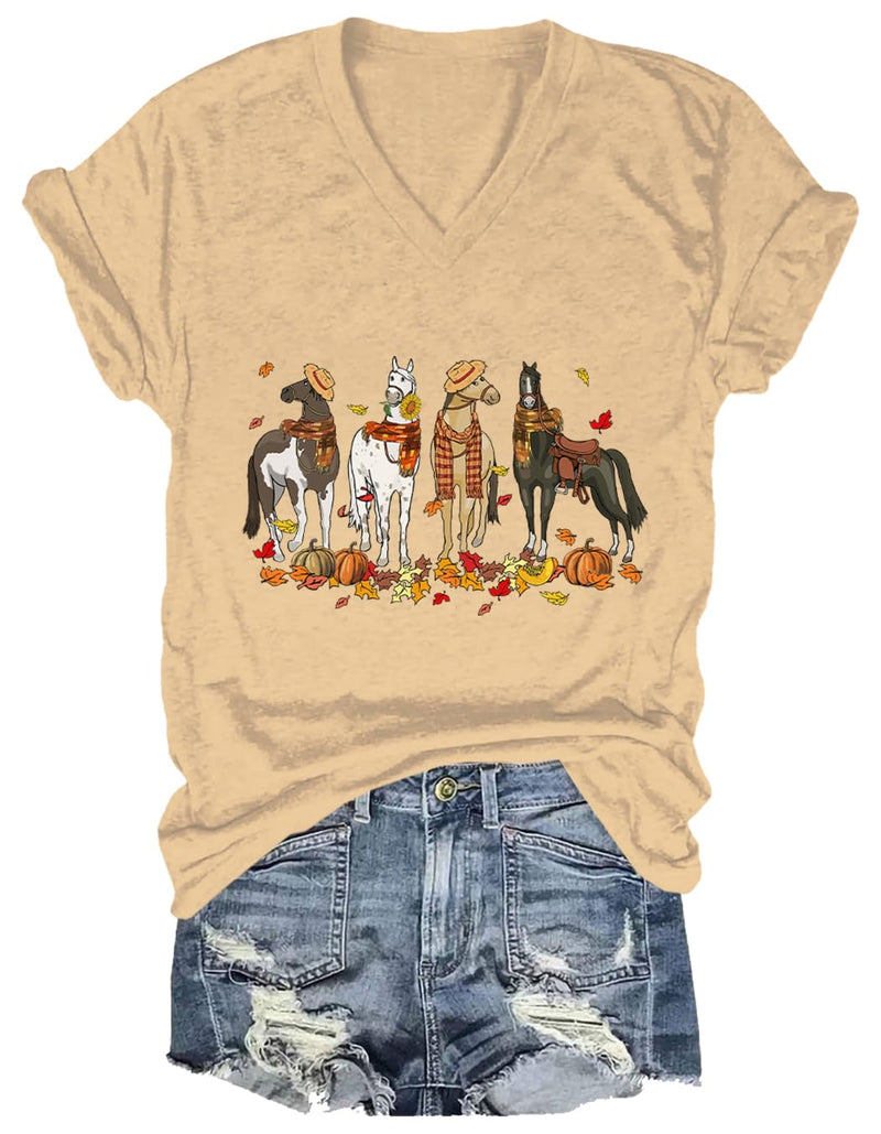 Niaday Fall Horse Shirt Men Women Graphic Short Sleeve T-Shirt Tee, Fall Season Horses Horse Lover Shirt - Khaki1