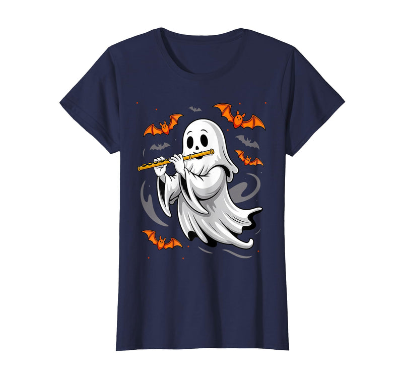 Ghost Halloween Lover Gift Co. Boo Ghost Playing Flute Halloween Musical Instrument T-Shirt - Navy Blue