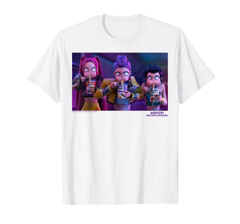 Kpop Demon Hunters Mira Rumi & Zoey Eating Ramyeon T-Shirt - White