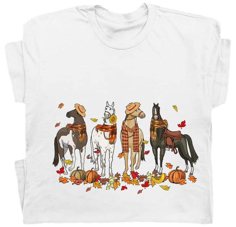 Niaday Fall Horse Shirt Men Women Graphic Short Sleeve T-Shirt Tee, Fall Season Horses Horse Lover Shirt - White