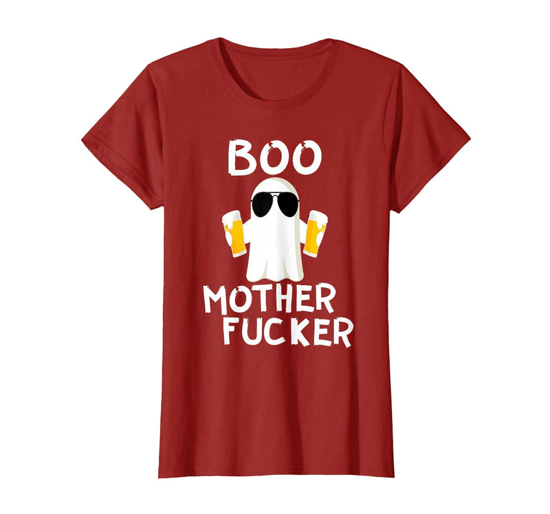 Vulgar Halloween Tee Shop Boo Motherfucker Funny Beer Drinking Ghost Adult Halloween T-Shirt - Cranberry Red