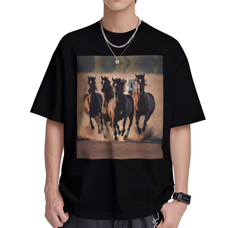 DRTGEDS Running Horses Printing Short Sleeve Cotton Lightweight Pullover Summer Casual Sweatshirts - Black