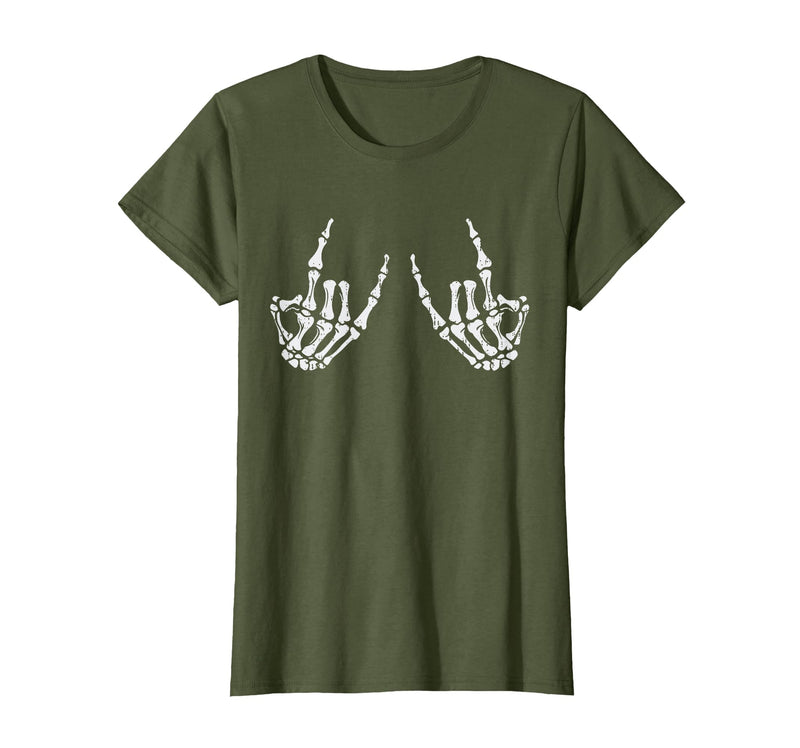 Halloween Tees for Women Men Kids Rocker Hand Sign Rock Skeleton Halloween Costume Men Women T-Shirt - Olive Green