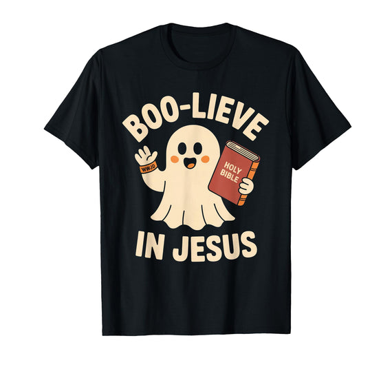 Christian Halloween Merch Boo-Lieve in Jesus - Christian Halloween Christianity T-Shirt - Black